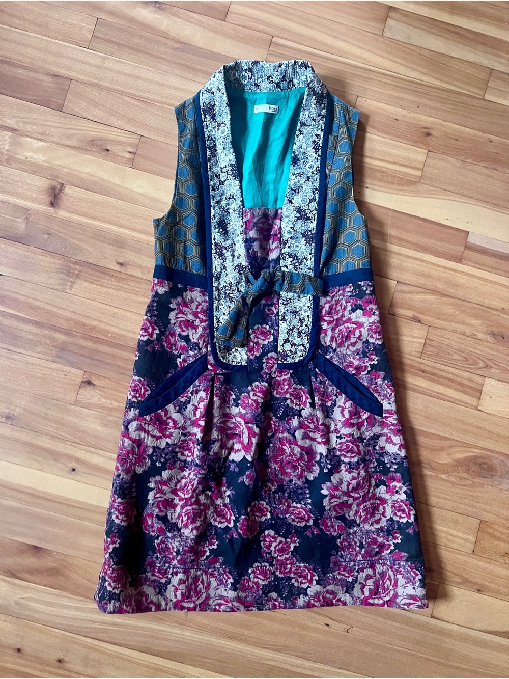 Quirky Floral and Colourful Dress with Patterned Trim and Unique Collar